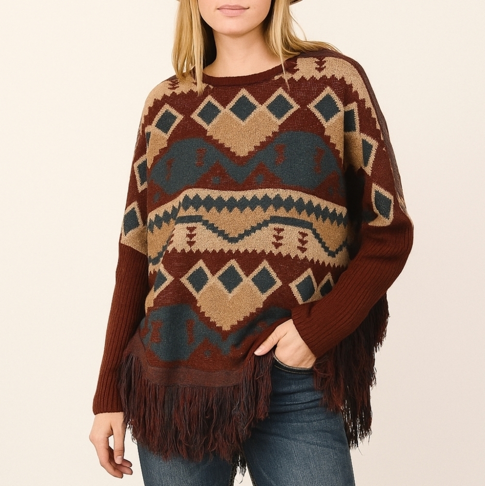 Cotton Rye Outfitters Southwest Aztec Western Cowgirl Fringe Poncho Sweater L